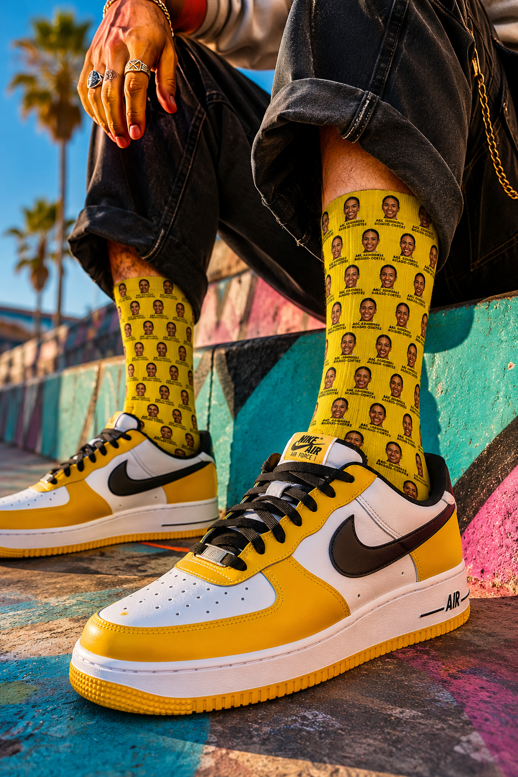 Male Gen Z wearing yellow AOC crew socks with repeating Alexandria Ocasio-Cortez artwork, styled with yellow sneakers and black denim in a colorful urban streetwear scene.