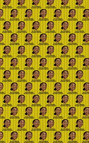 Pattern detail of AOC unisex crew socks featuring a repeating illustrated Alexandria Ocasio-Cortez portrait on a vibrant yellow background with retro pop-art styling and bold political-inspired design.