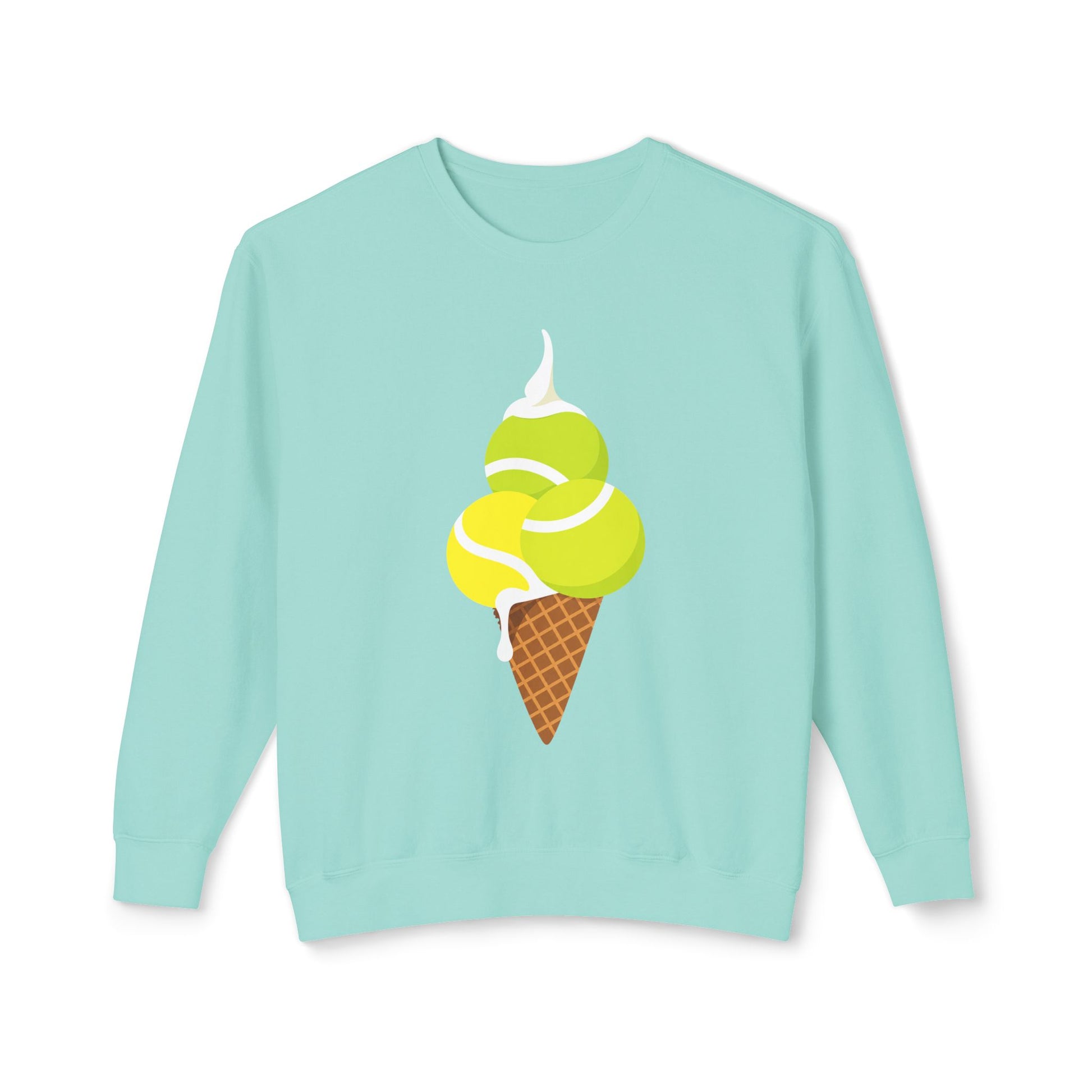 Aqua tennis sweatshirt featuring playful tennis ball ice cream graphic