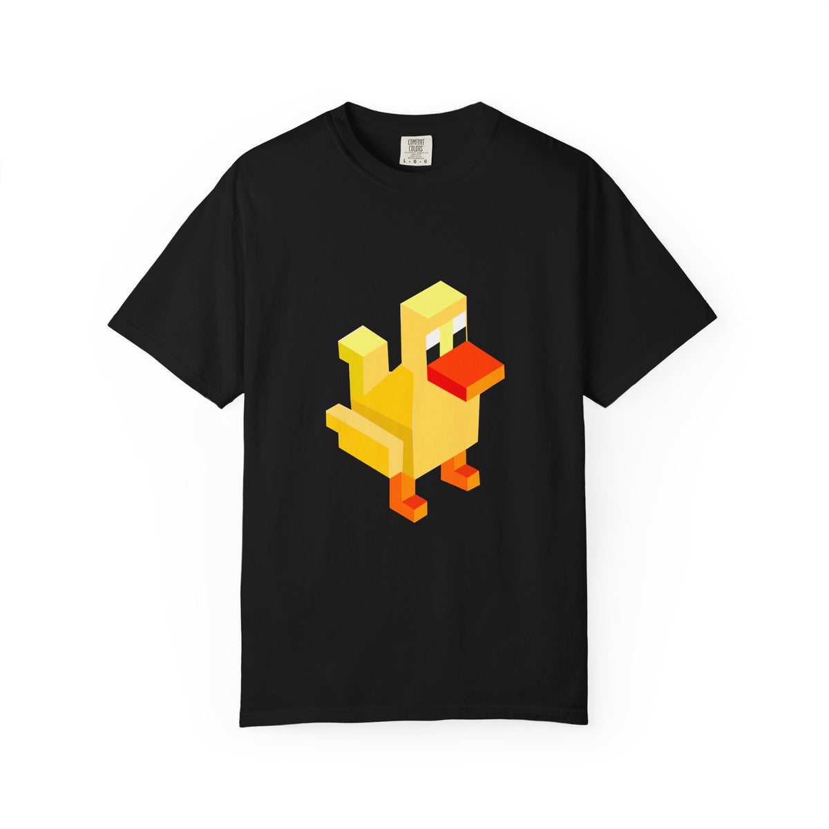 Black Arcade Duck T-shirt with yellow retro pixel gaming graphic