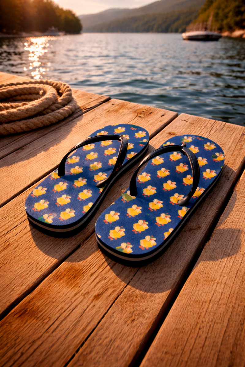 Blue flip flops with repeating yellow pixel duck pattern on a wooden dock at Lake George during golden hour, with lake and mountains in the background.
