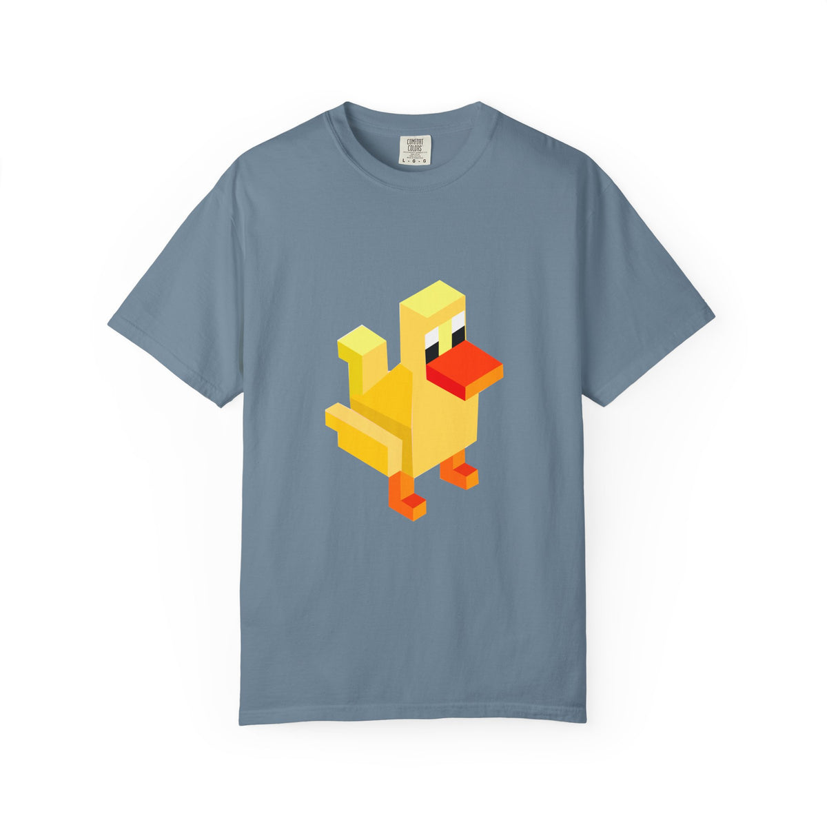 Blue Arcade Duck T-shirt with yellow retro pixel duck graphic