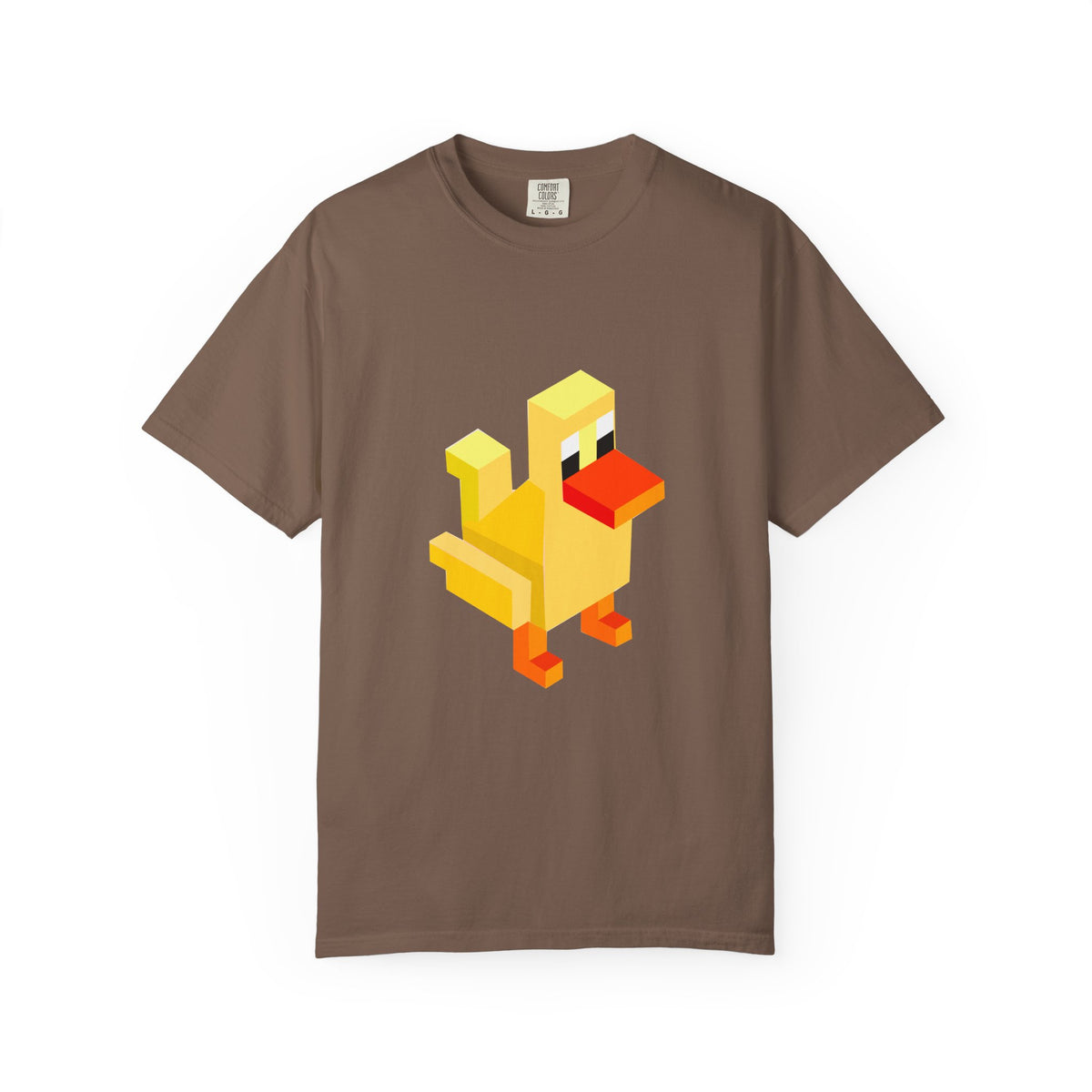Brown Arcade Duck T-shirt with yellow retro pixel duck design