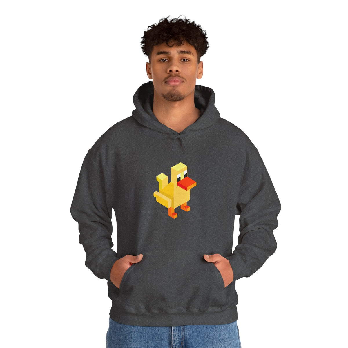 Male model wearing the charcoal Arcade Duck retro pixel gaming hoodie.