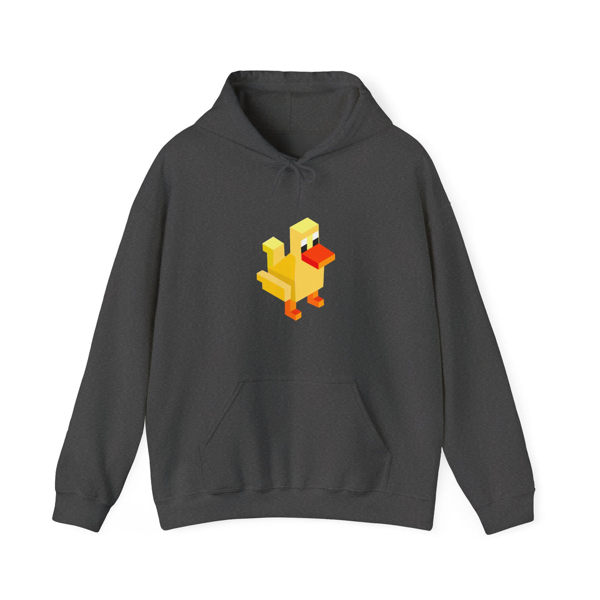 Front view of charcoal Arcade Duck hoodie with bright retro pixel duck graphic.