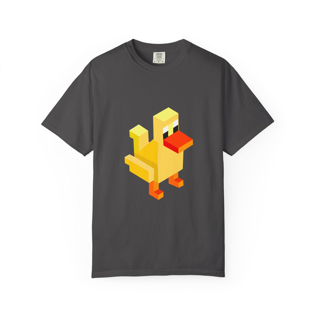 Charcoal Arcade Duck T-shirt with yellow retro pixel duck design