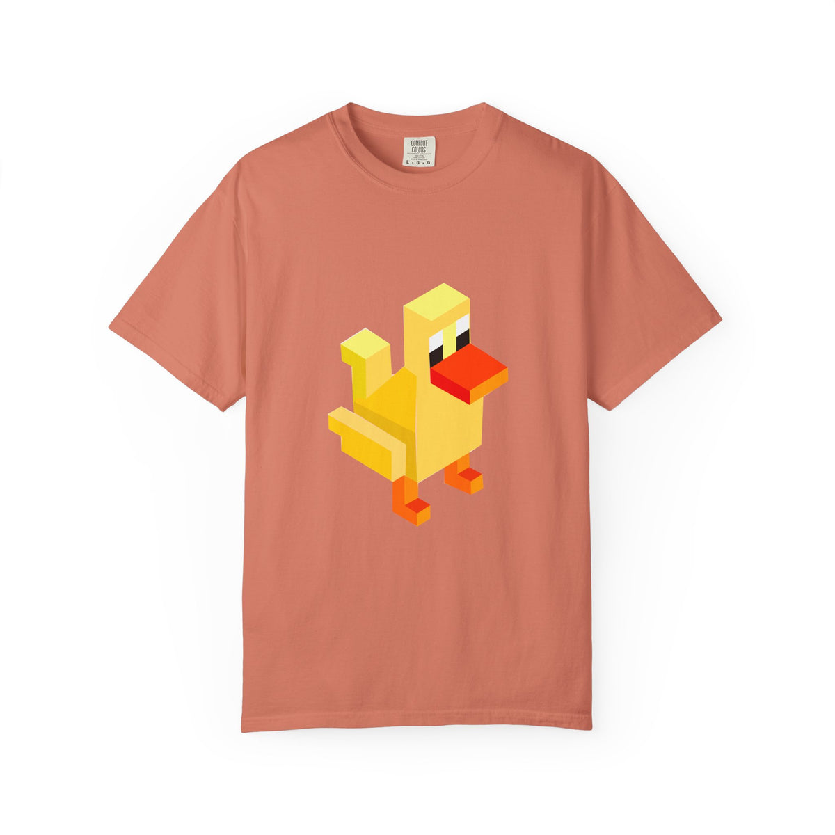 Coral Arcade Duck T-shirt with yellow pixel duck graphic