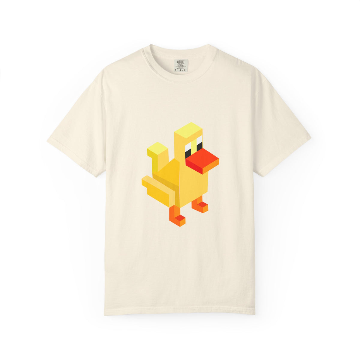 Cream Arcade Duck T-shirt with yellow retro pixel gaming design