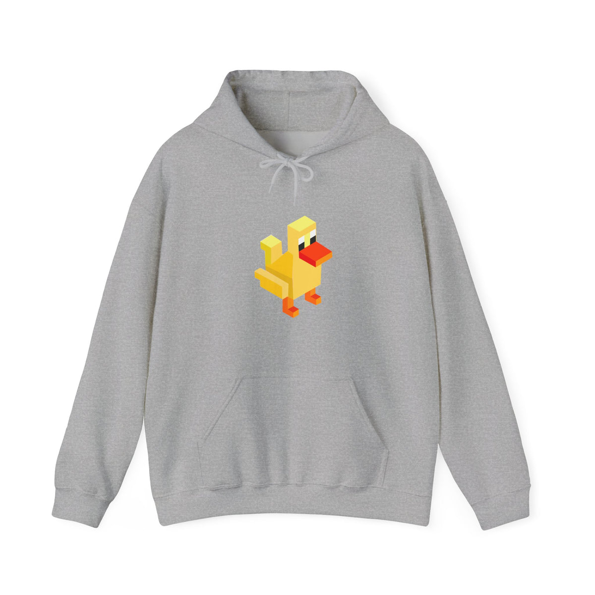 Front view of gray Arcade Duck hoodie with retro pixel duck artwork.