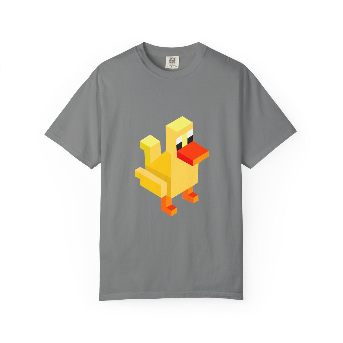 Gray Arcade Duck T-shirt with yellow pixel gaming graphic