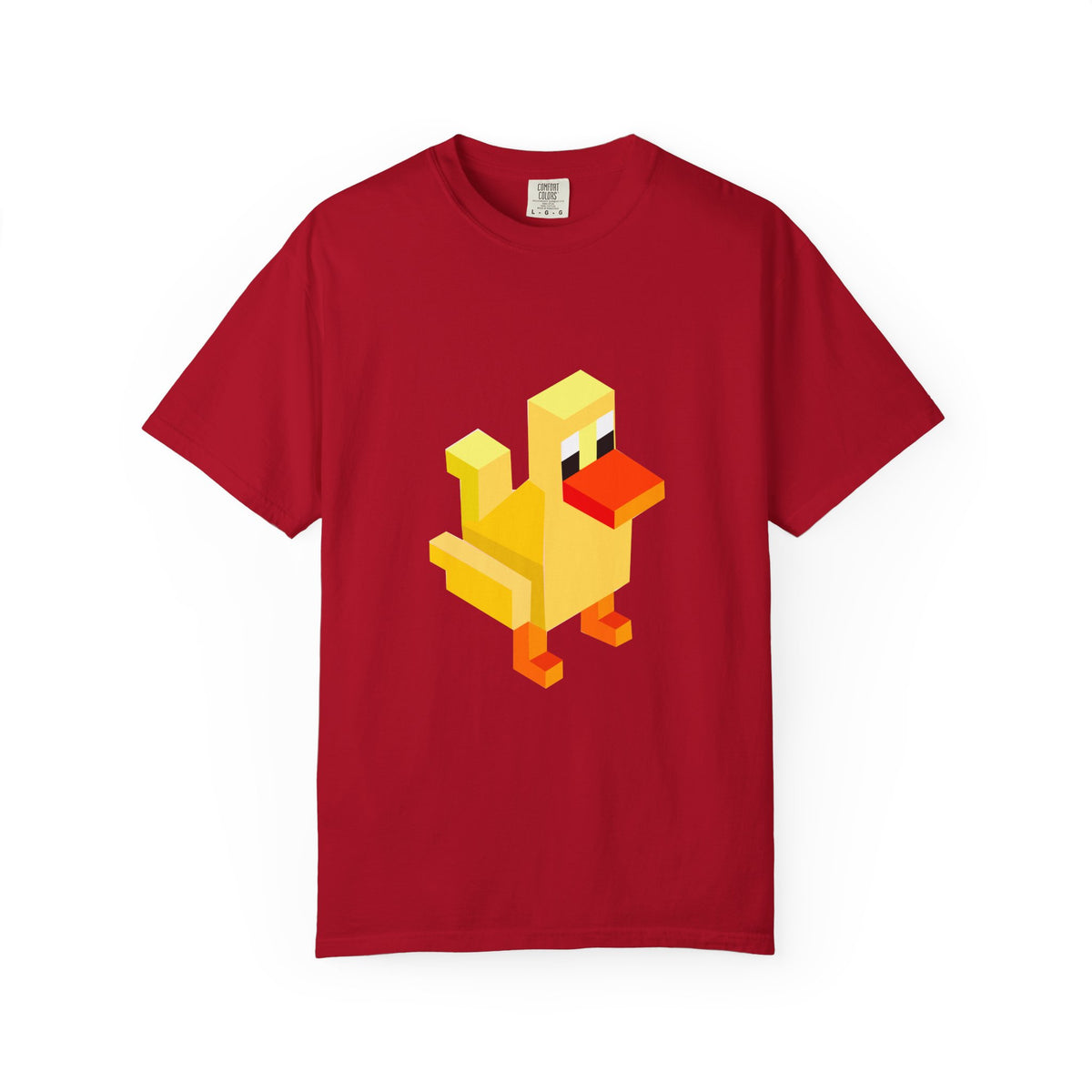 Red Arcade Duck T-shirt with yellow pixel duck graphic