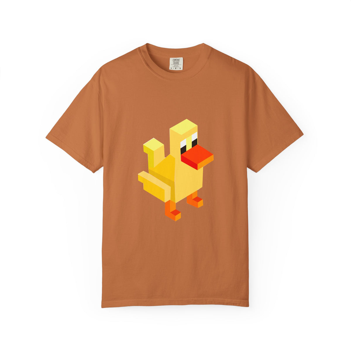 Rust Arcade Duck T-shirt with yellow pixel duck graphic