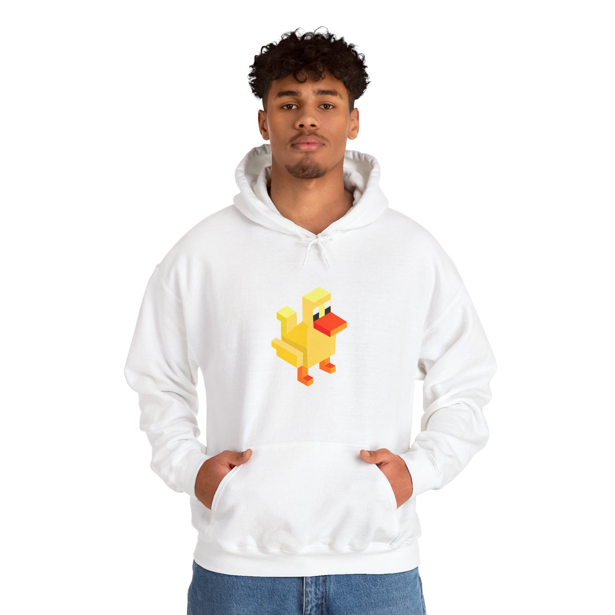 Male model wearing the white Arcade Duck retro pixel gaming hoodie from the front.