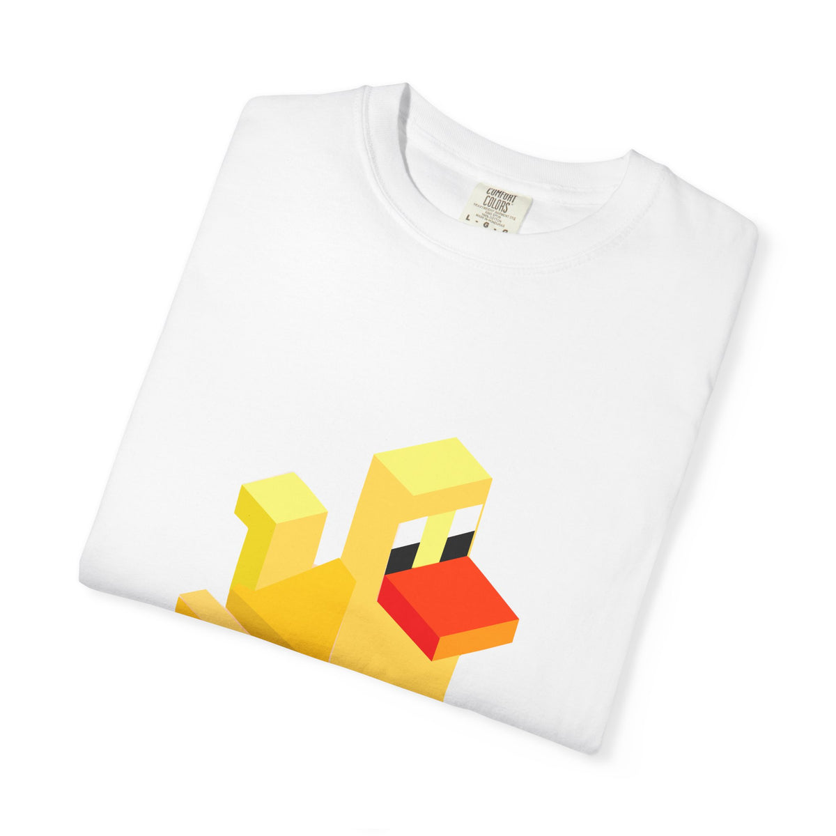 Close-up of white Arcade Duck T-shirt with yellow pixel duck graphic
