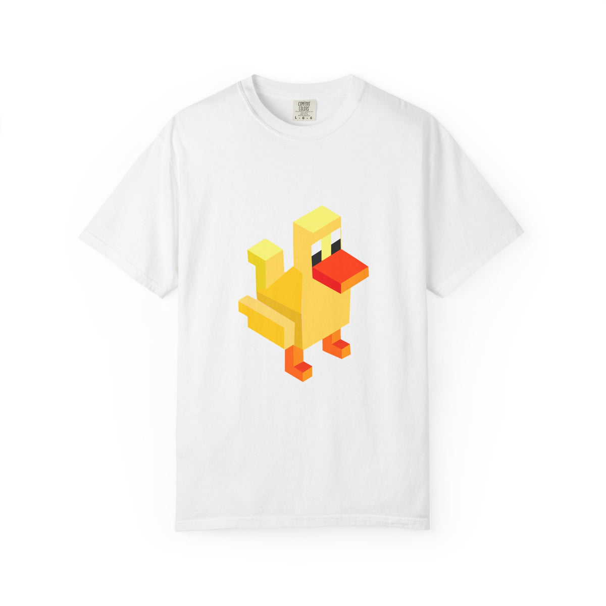 White Arcade Duck T-shirt with yellow retro pixel duck graphic