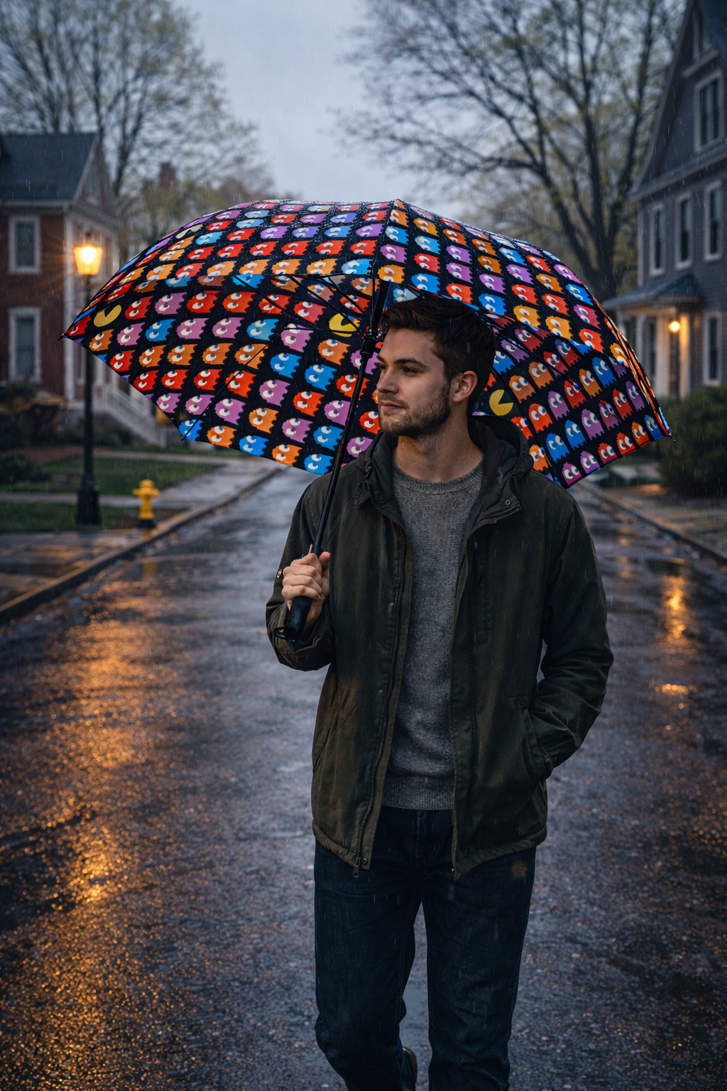 Person walking in the rain holding Arcade Ghost Chase retro gaming umbrella at night