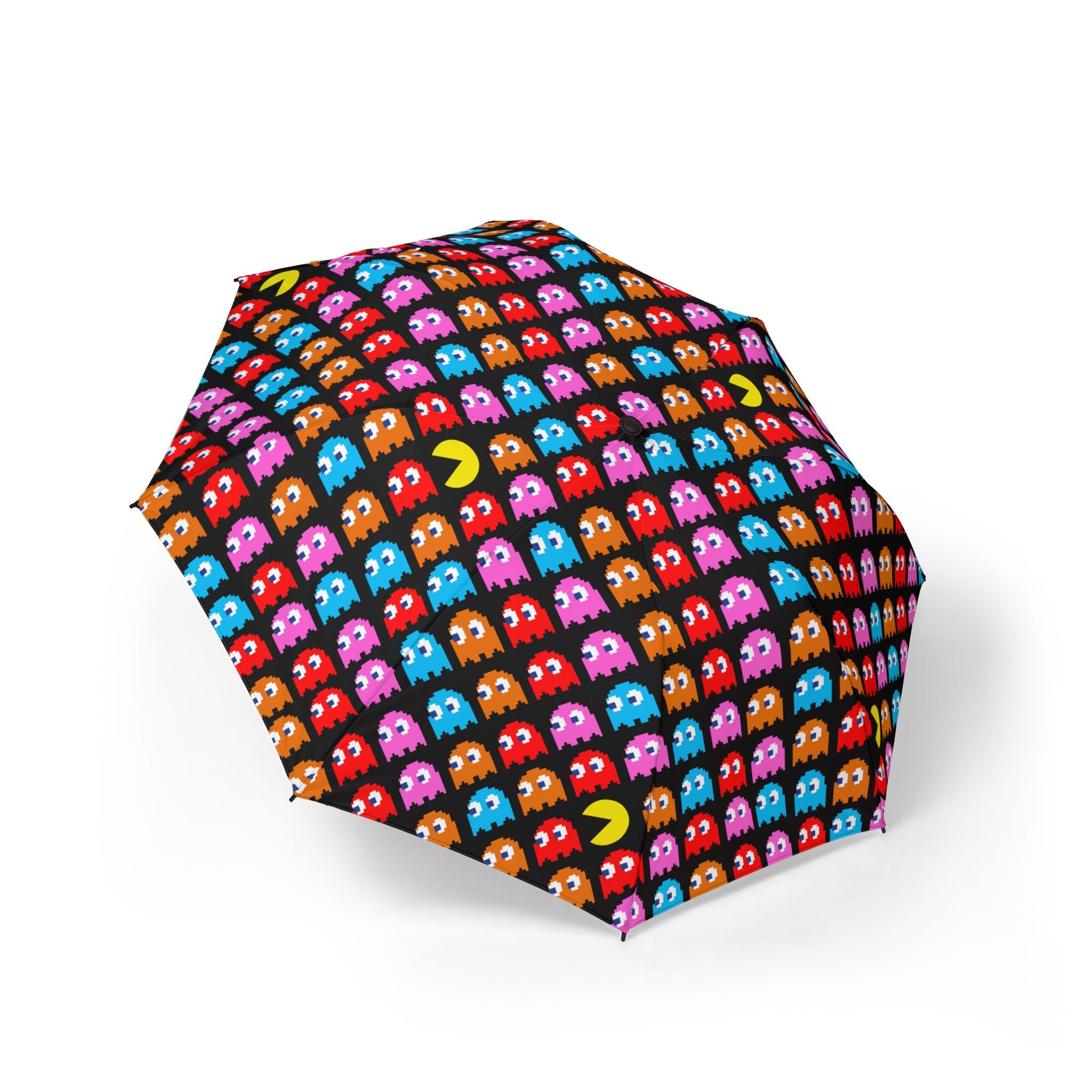 Arcade Ghost Chase Semi-Automatic Umbrella – Retro Gaming Rain Gear photographed open from above showing full pixel pattern

