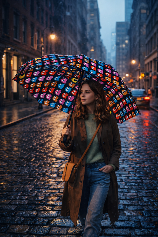 Arcade Ghost Chase Semi-Automatic Umbrella – Retro Gaming Rain Gear held by a woman walking on a rainy cobblestone city street at night