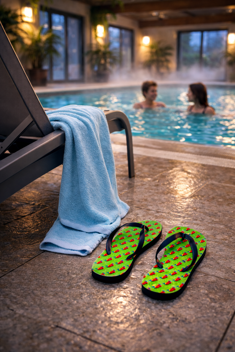 Arcade parrot flip flops by poolside with towel, retro gaming style sandals