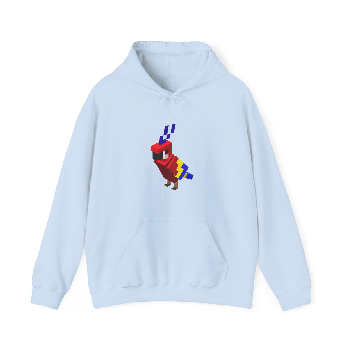 Arcade Parrot Hooded Sweatshirt – Retro Gaming Hoodie in light blue, front view