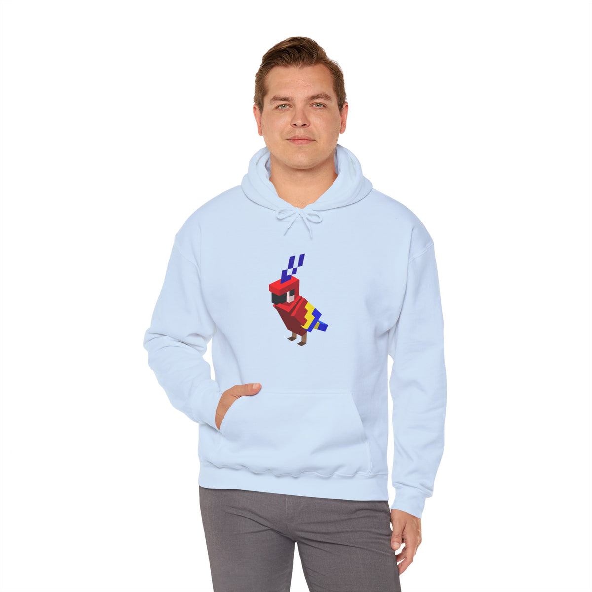 Arcade Parrot Hooded Sweatshirt – Retro Gaming Hoodie worn by model in light blue