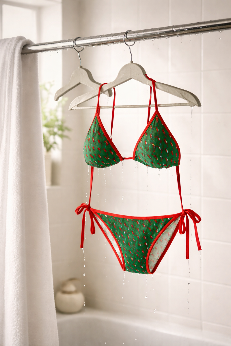 Pink checker triangle bikini set hanging on hanger after rinse showing tie-side bottoms and adjustable top