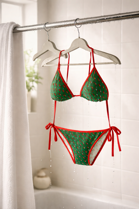 Pink checker triangle bikini set hanging on hanger after rinse showing tie-side bottoms and adjustable top