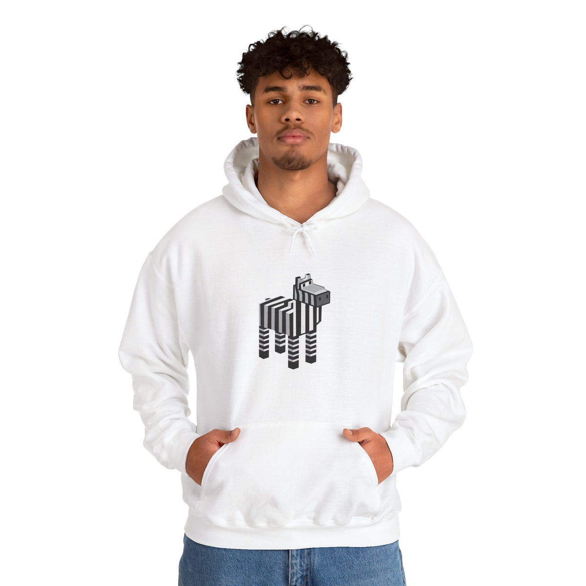 Arcade Zebra Hooded Sweatshirt – Retro Gaming Pixel Hoodie worn by man in white