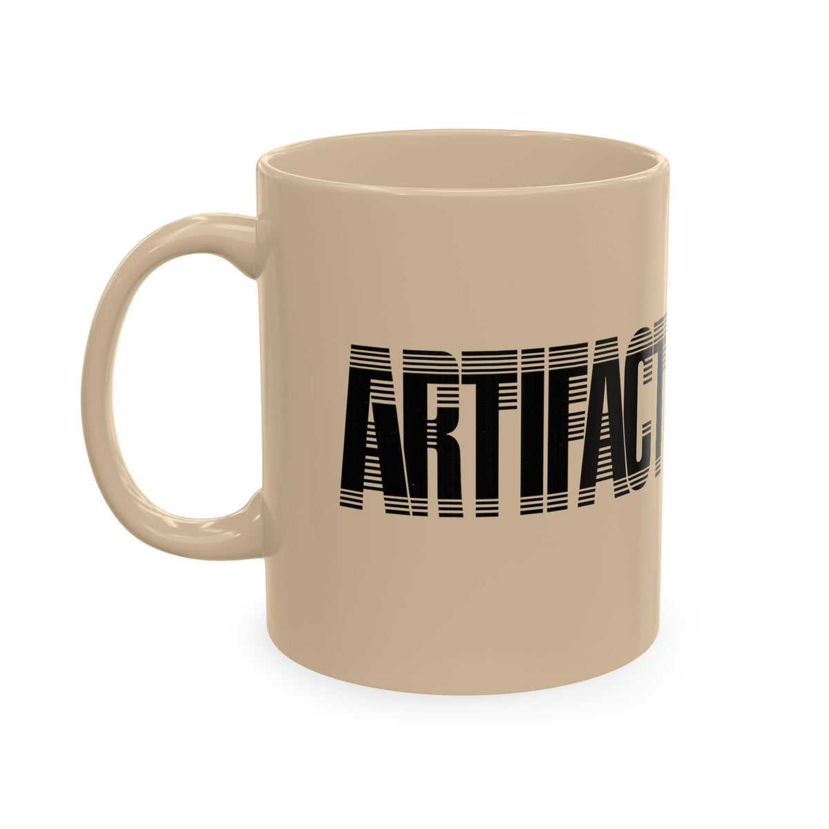 Beige Artifact Tech Mug ceramic coffee mug front view with black typography