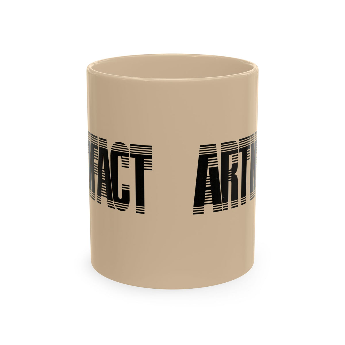 Beige Artifact Tech Mug showing black Artifact typography wrap design