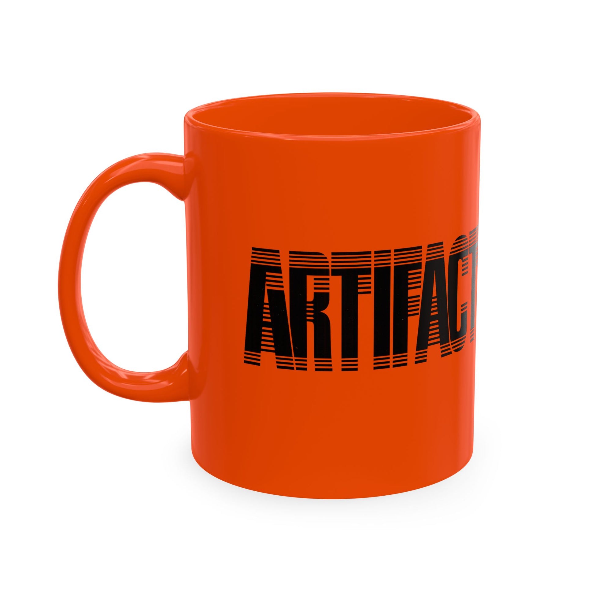 Orange Artifact Tech Mug ceramic coffee mug front view with black typography