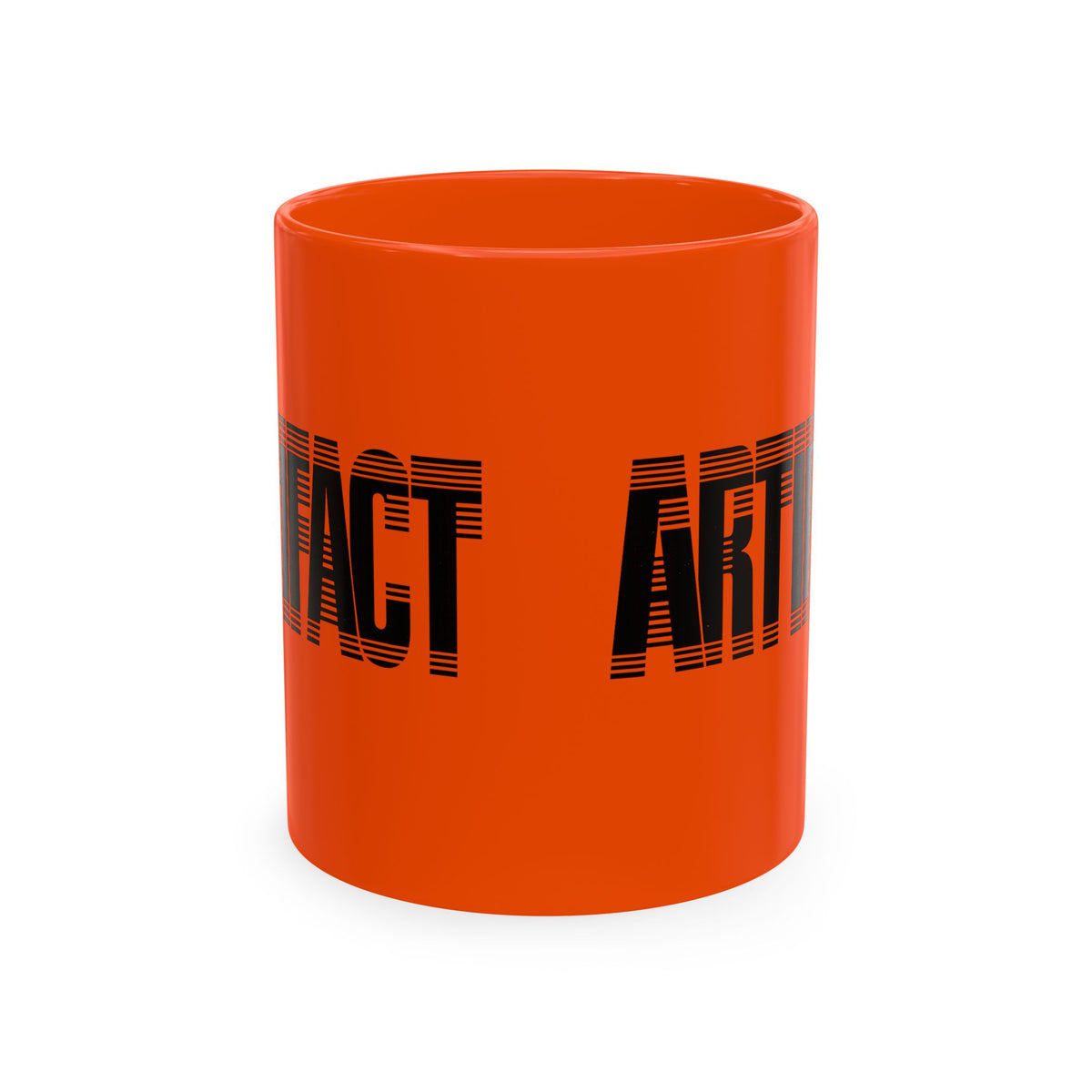 Orange Artifact Tech Mug showing black Artifact typography wrap design