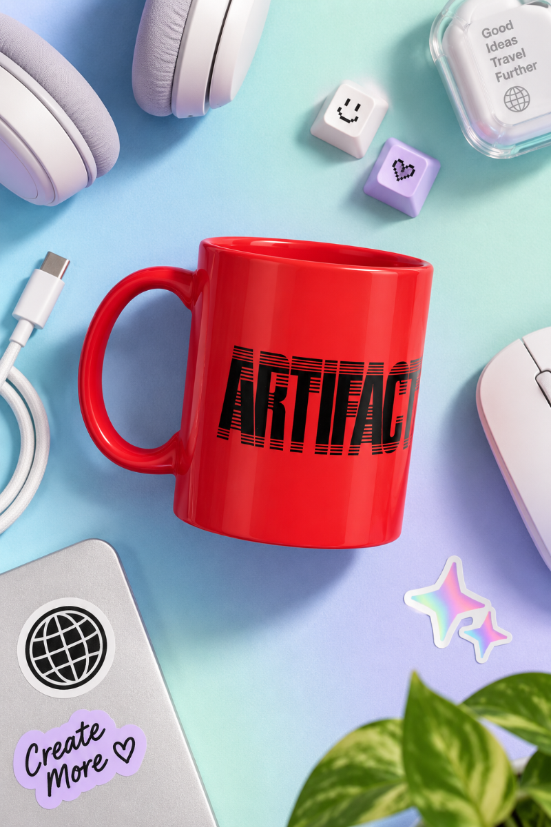 Red Artifact Tech Mug flat lay with modern tech accessories on pastel background