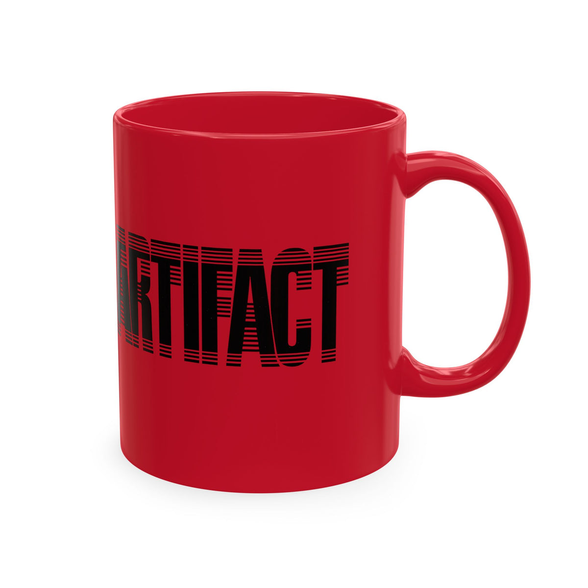 Red Artifact Tech Mug ceramic coffee mug side view with black typography