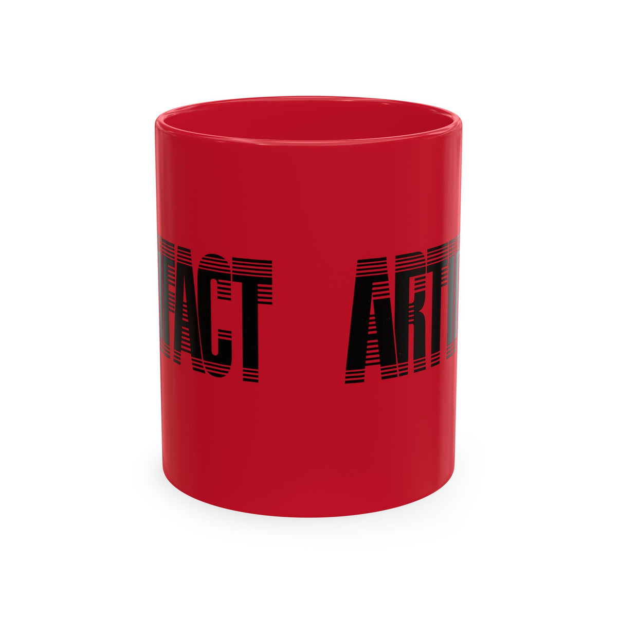 Red Artifact Tech Mug showing black Artifact typography wrap design