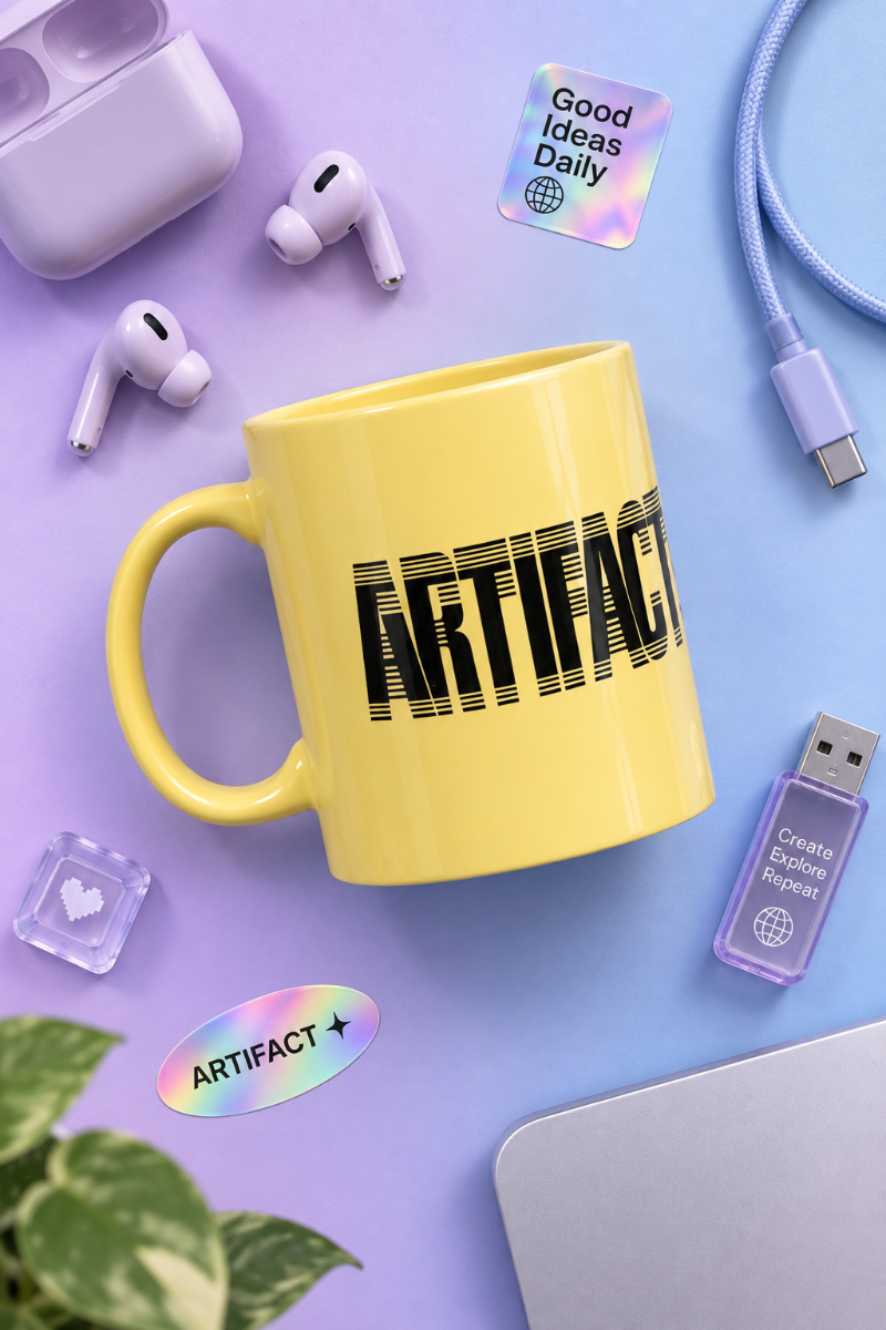 Yellow Artifact Tech Mug flat lay with colorful modern tech accessories