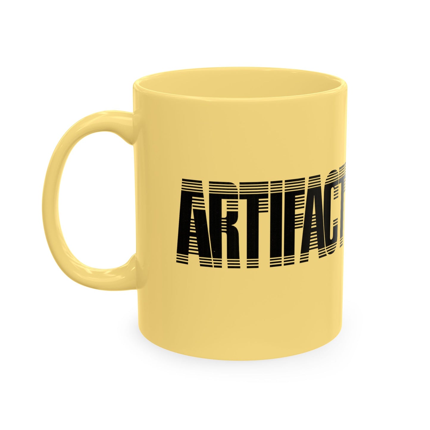 Yellow Artifact Tech Mug ceramic coffee mug side view with black typography