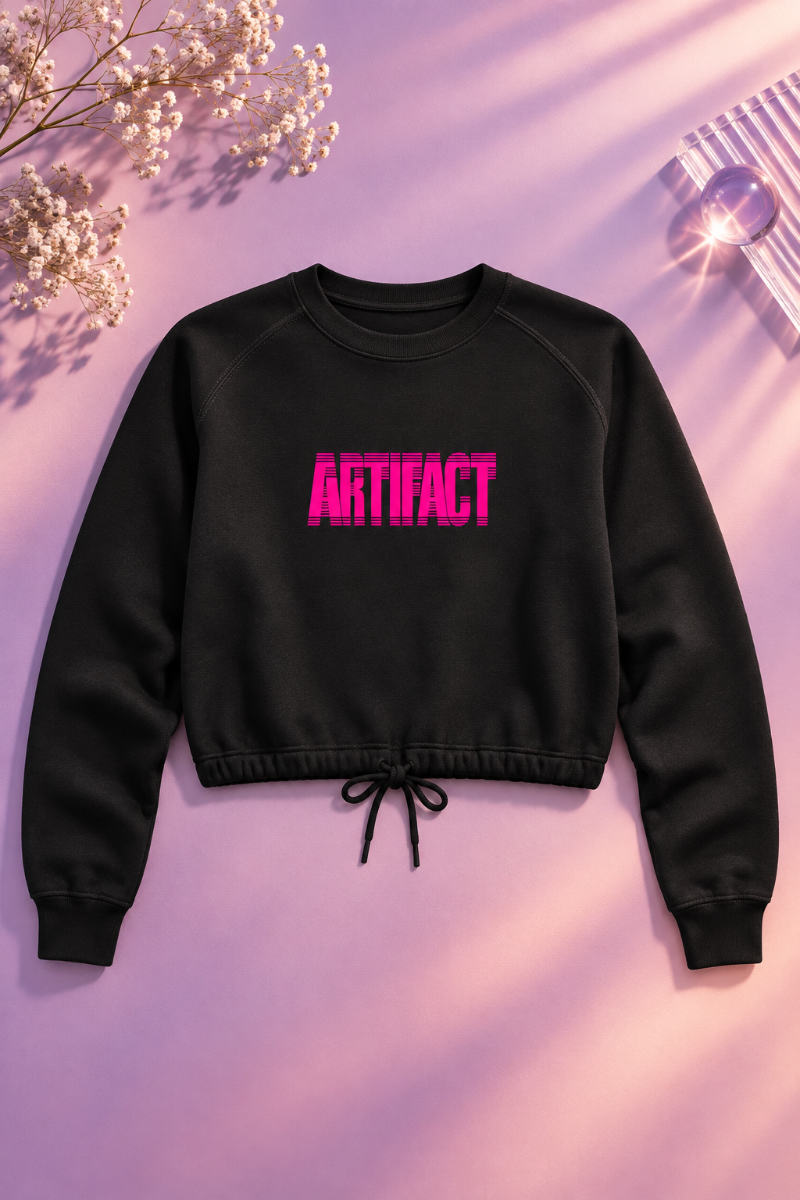 Black Artifact Women’s Boxy Fleece Crewneck sweatshirt flat lay with hot pink graphic