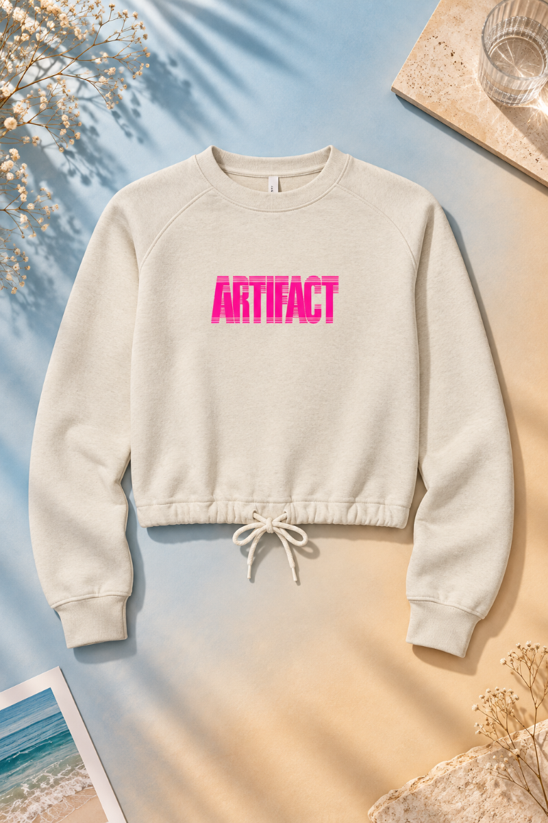 Oatmeal Artifact Women’s Boxy Fleece Crewneck sweatshirt flat lay with adjustable drawcord hem