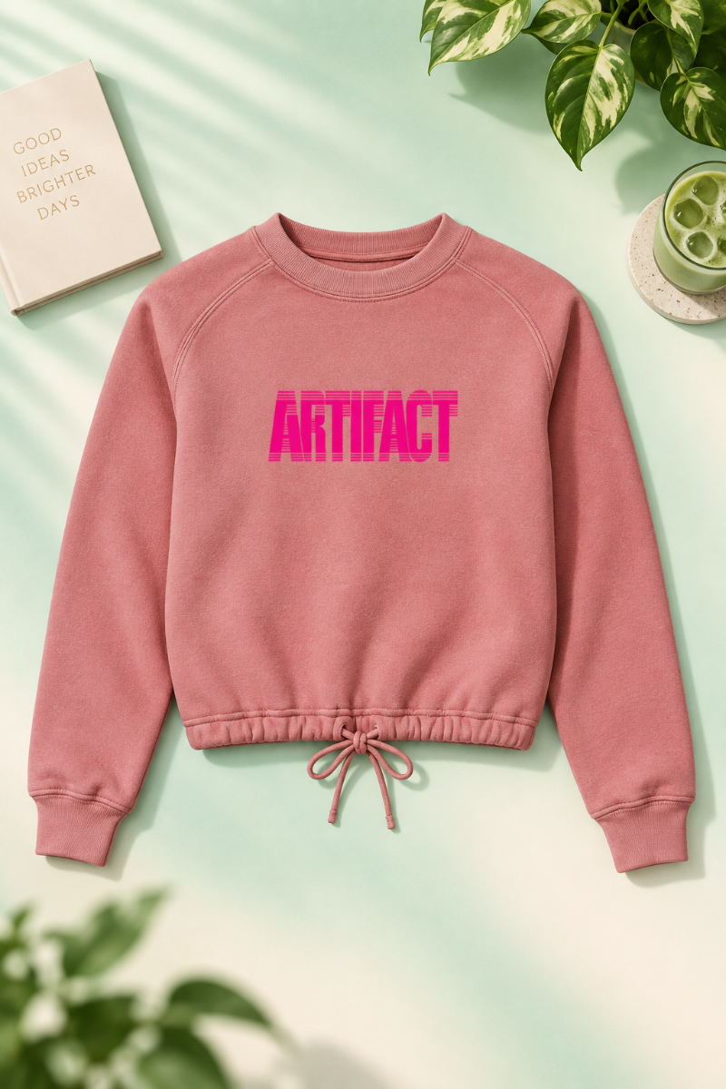 Rose Artifact Women’s Boxy Fleece Crewneck sweatshirt flat lay with hot pink Artifact graphic