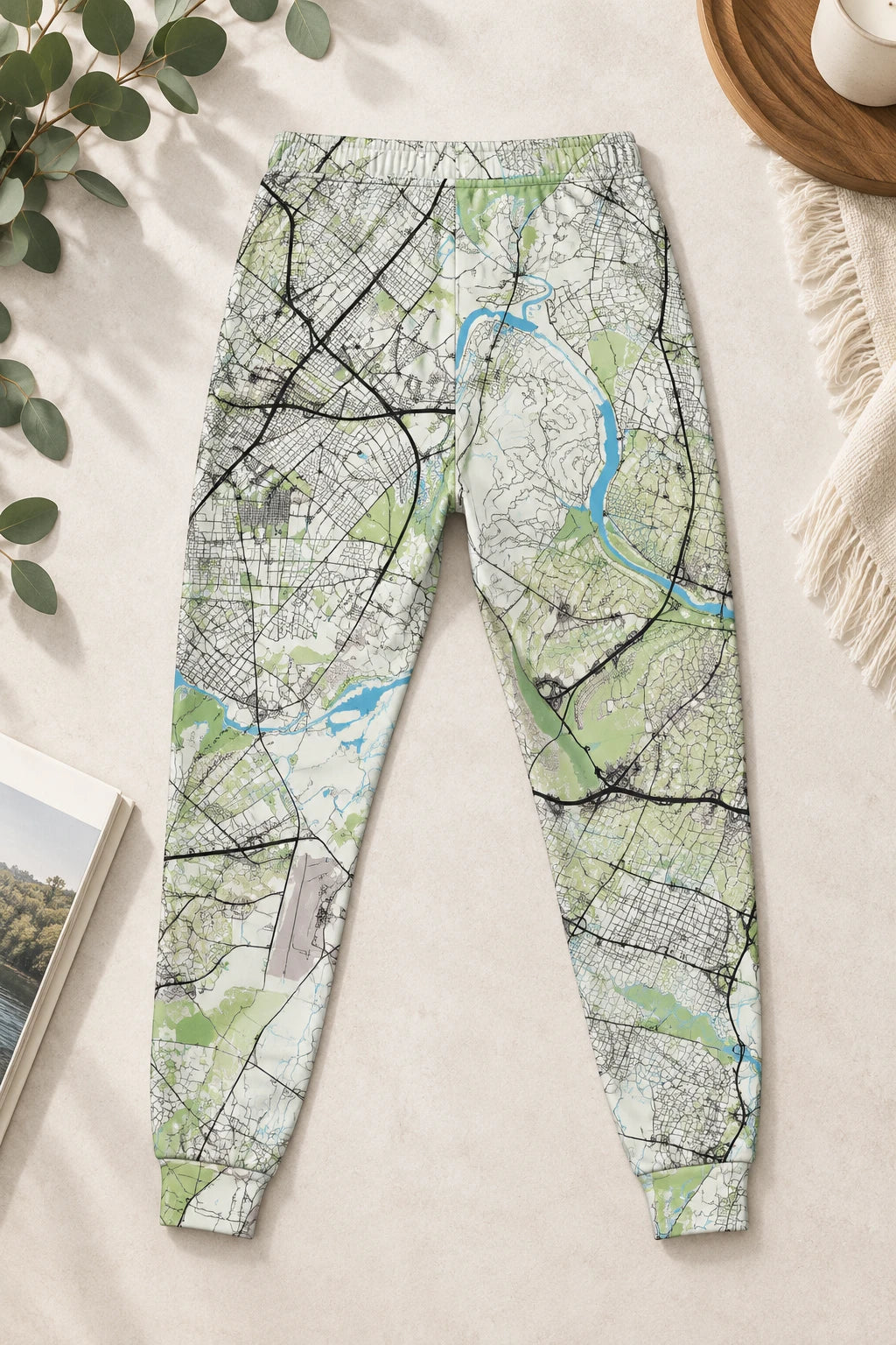 Back flat lay of Austin Texas map joggers with all-over city map design