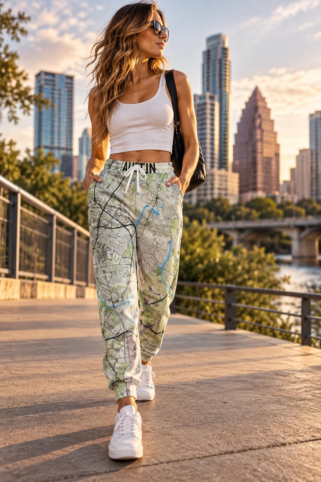 Woman wearing Austin Texas map joggers during a casual city walk