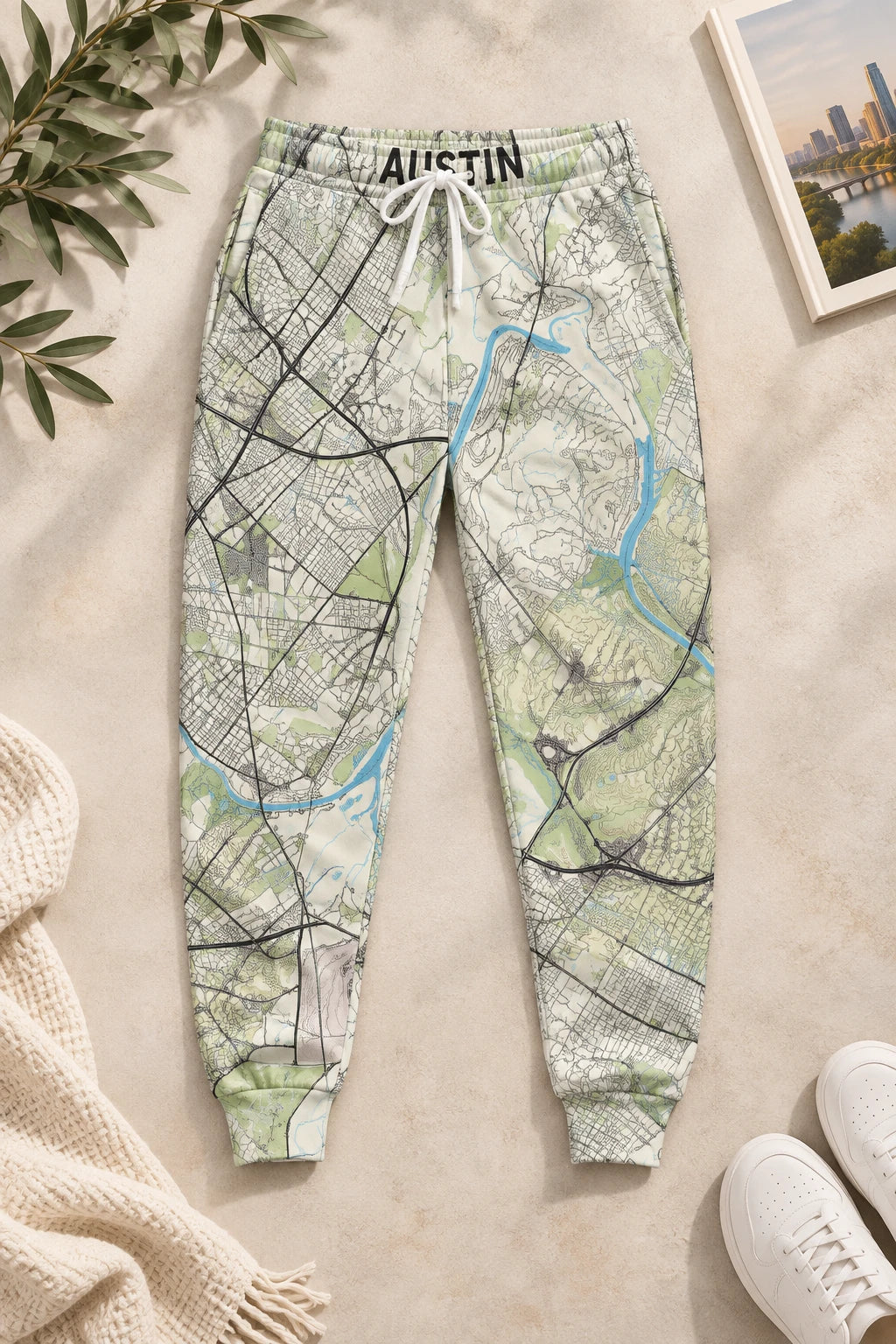 Front flat lay of Austin Texas map joggers with city street map print