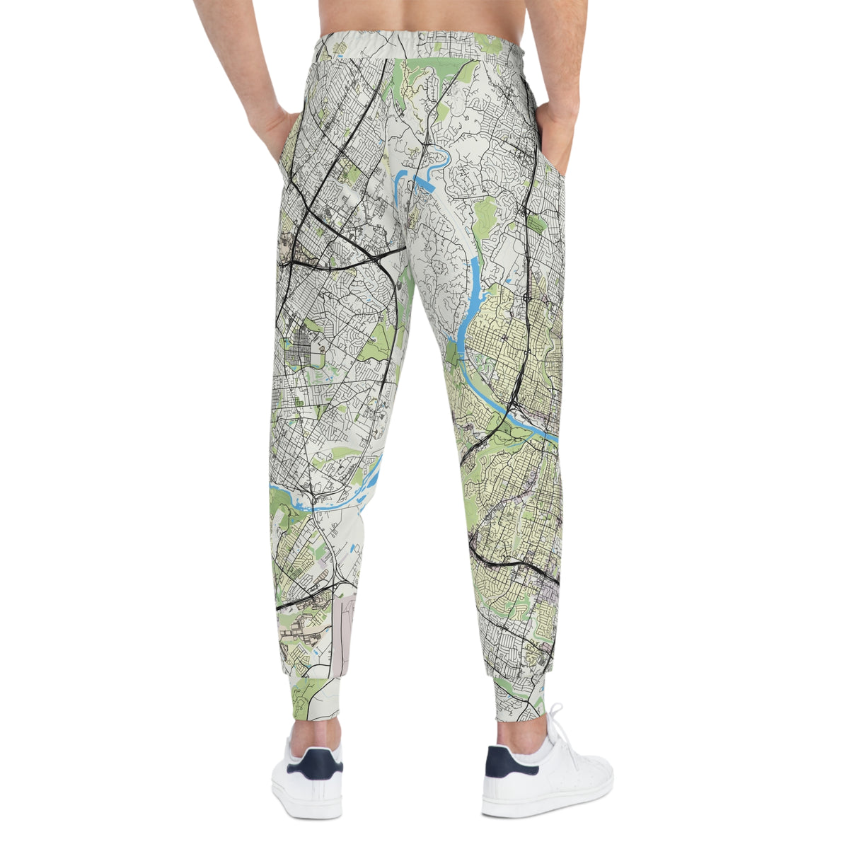 Back view of man wearing Austin Texas map joggers with city map design