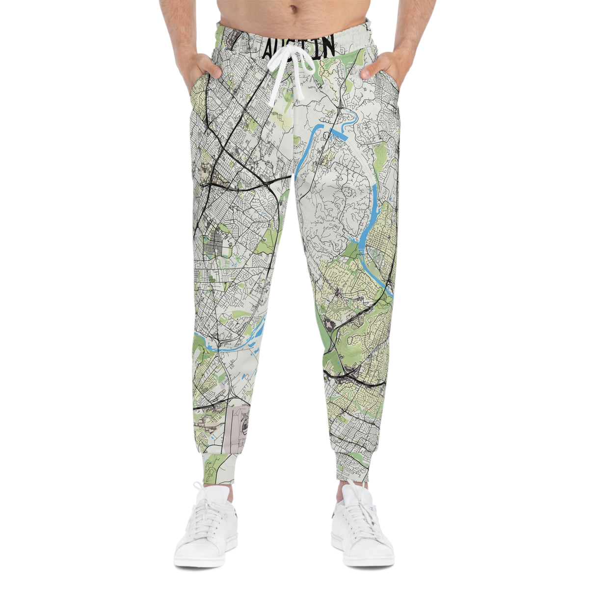 Man wearing Austin Texas map joggers shown from the front