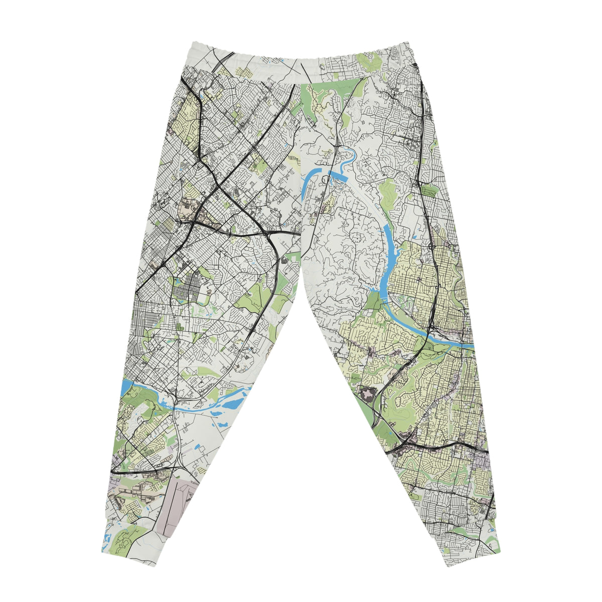 Back view of Austin Texas map joggers with all-over Austin street map print