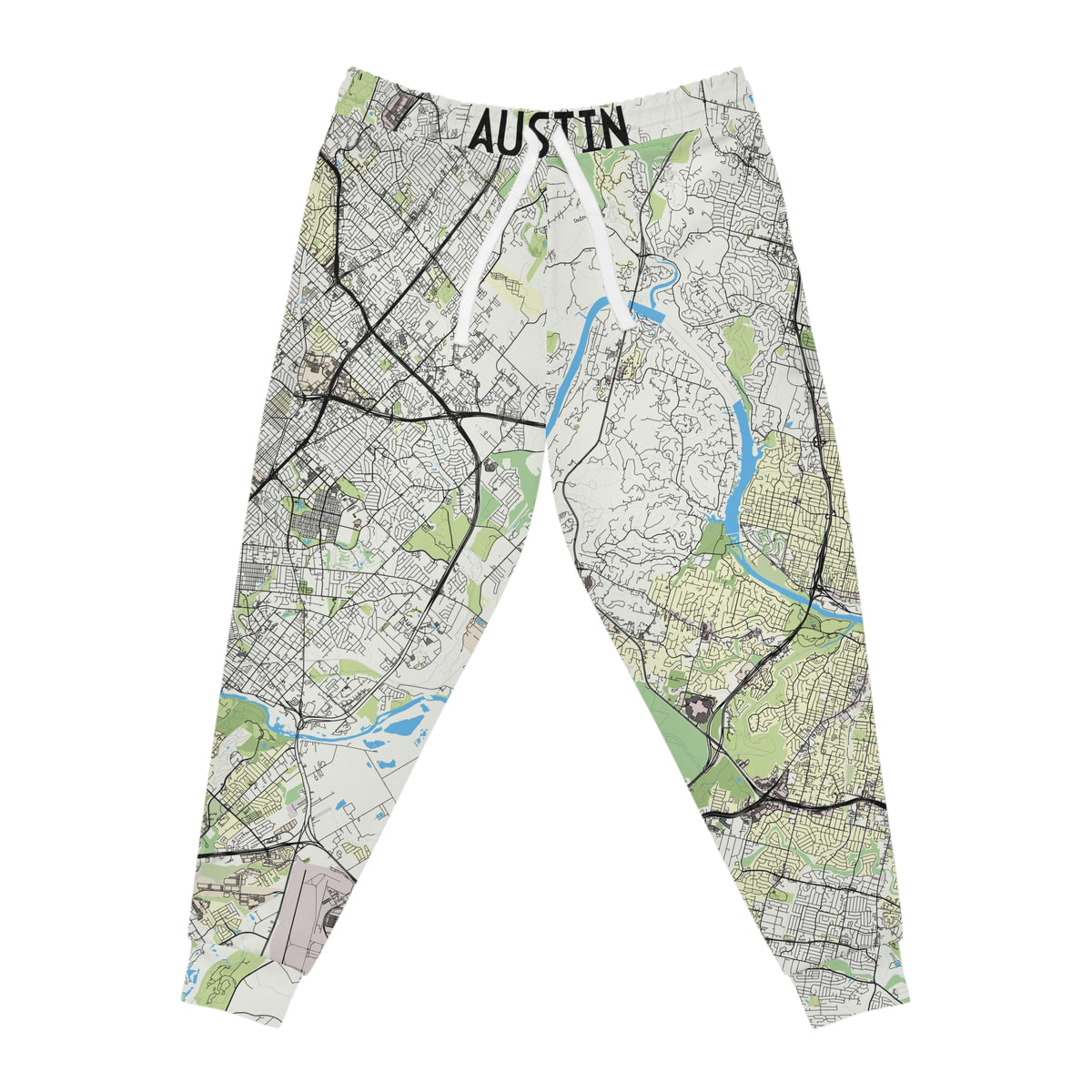 Front view of Austin Texas map joggers with drawstring waist and map print