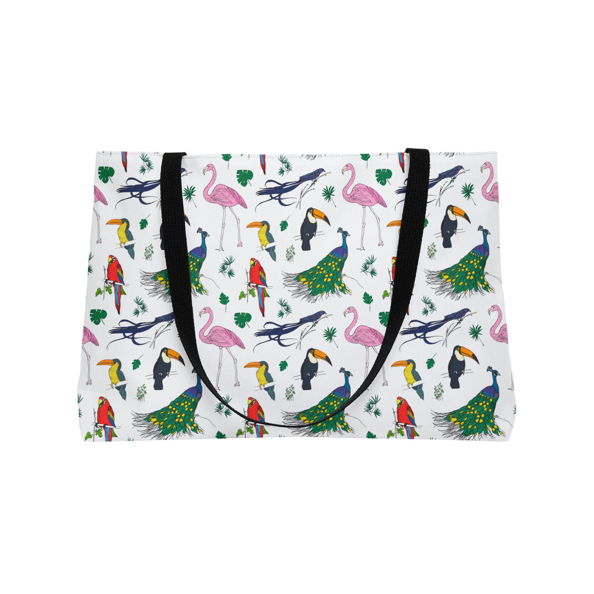 Large Avian bird print travel tote with flamingo toucan parrot and peacock pattern