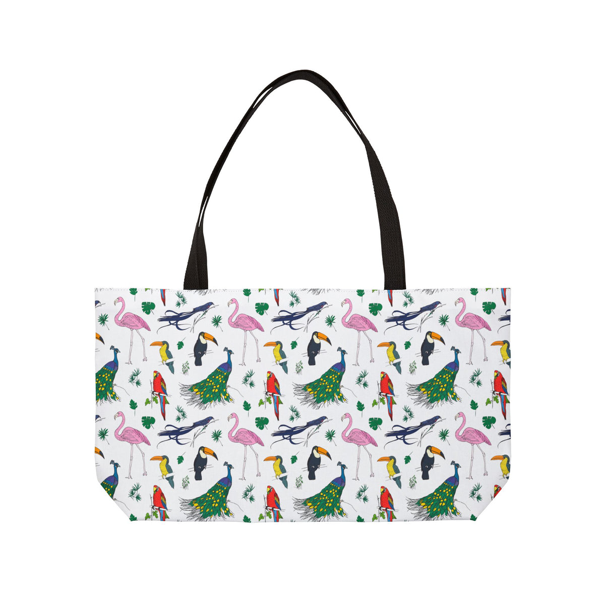 Avian bird print weekender bag with black handles and colorful tropical birds
