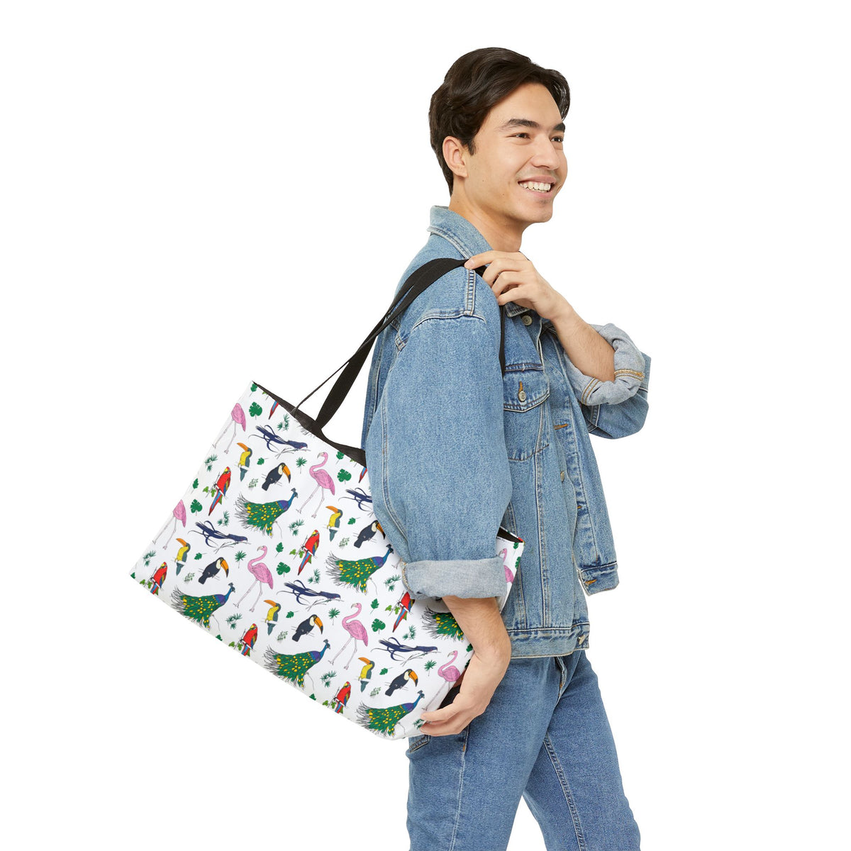 Male model carrying Avian bird print weekender travel bag